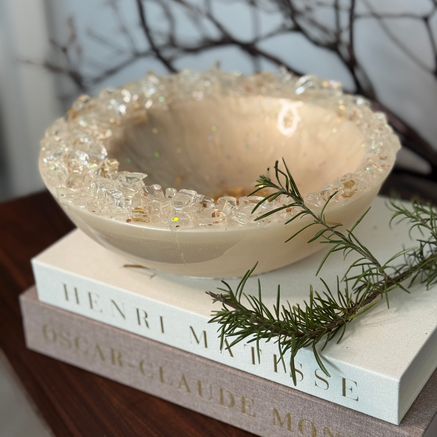 Celestial Opal Inspired Bowl | Large Ivory Bowl with Geode Glass Rim