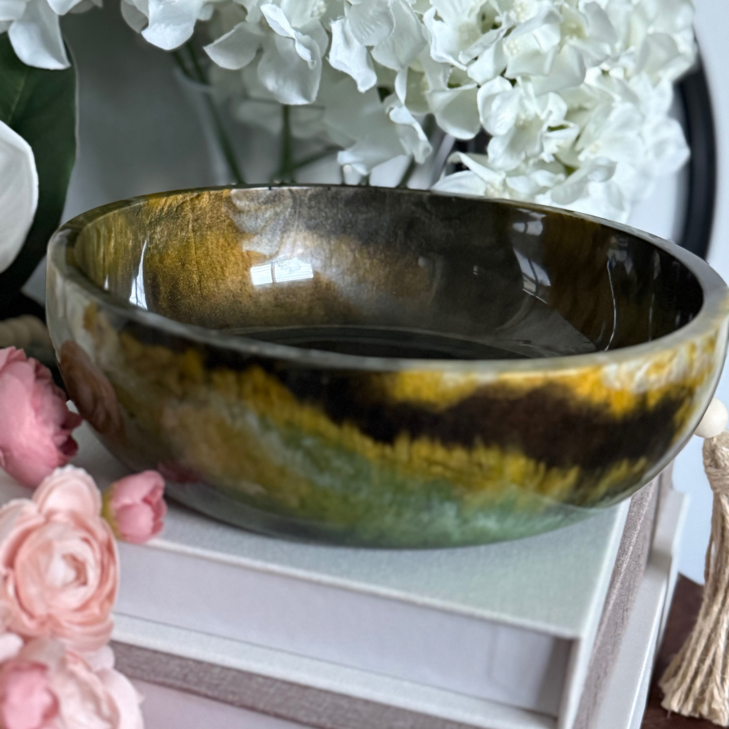 Agate Inspired Resin Bowl - Green and Yellow Decorative Bowl