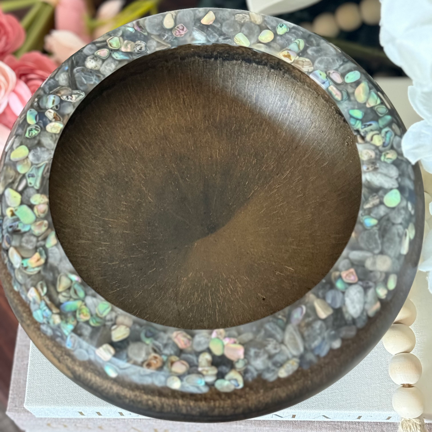 Wood Inspired Resin Bowl with Abalone Rim