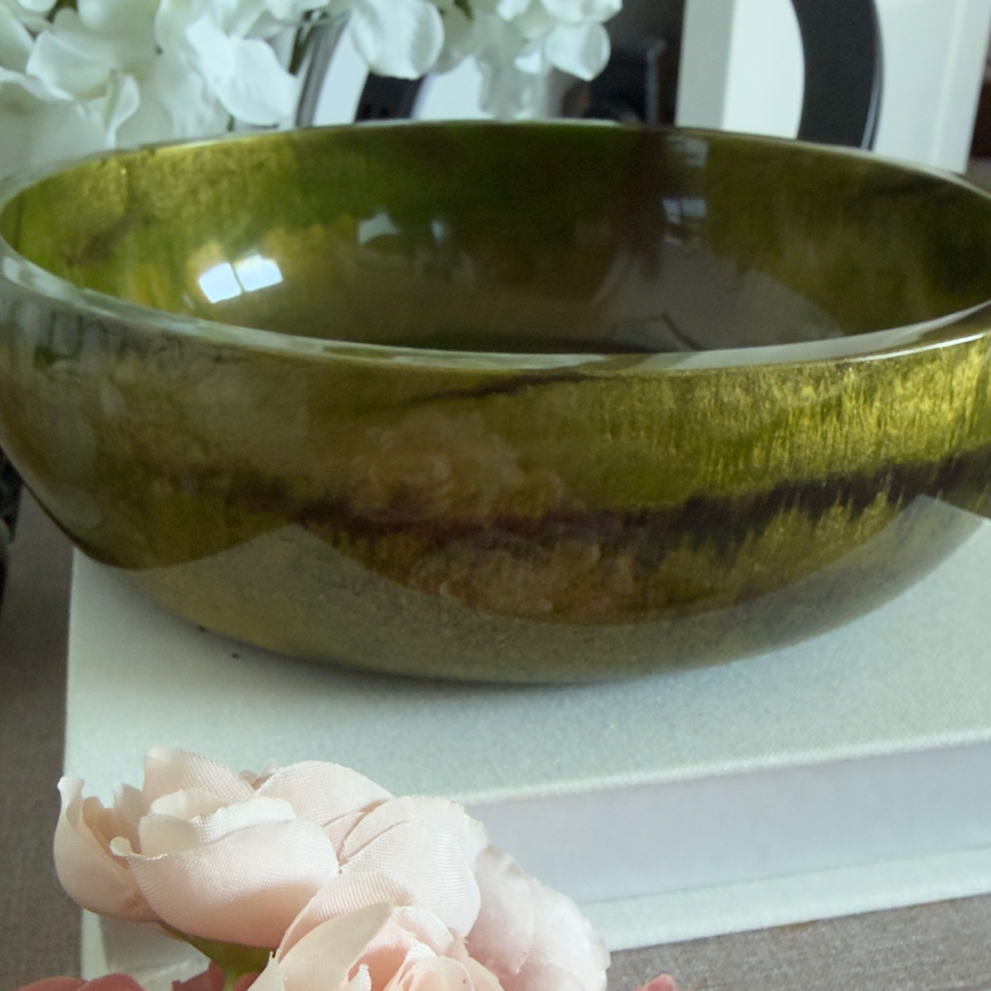 Agate Inspired Resin Bowl with Green, Gold, and Espresso Highlights