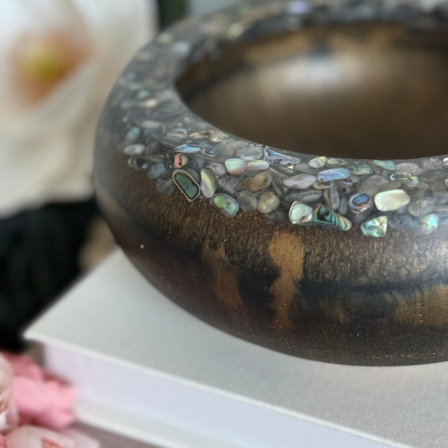 Wood Inspired Resin Bowl with Abalone Rim