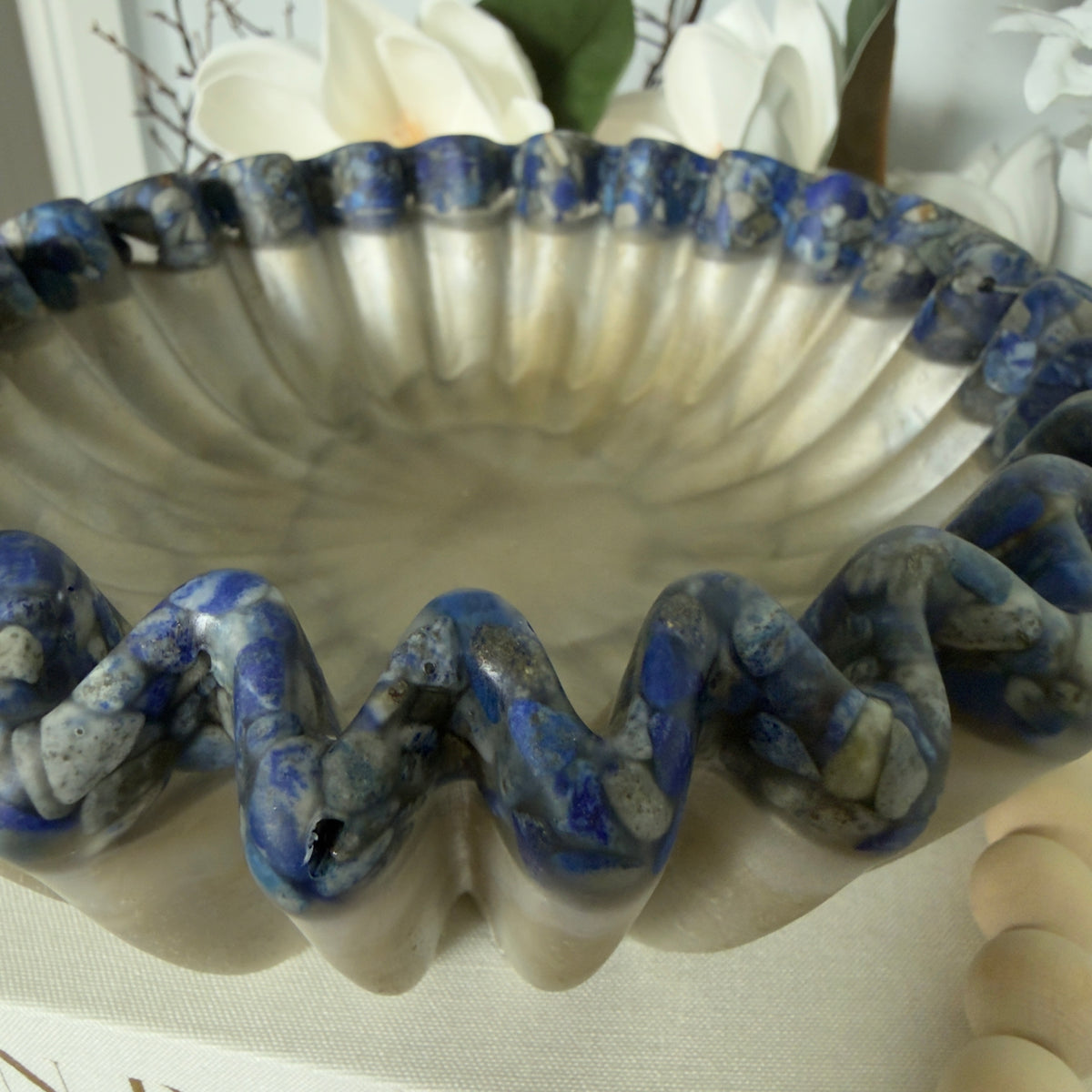 Travertine Pleated Resin Bowl with Lapis Rim | Stone Inspired Minimalist Bowl