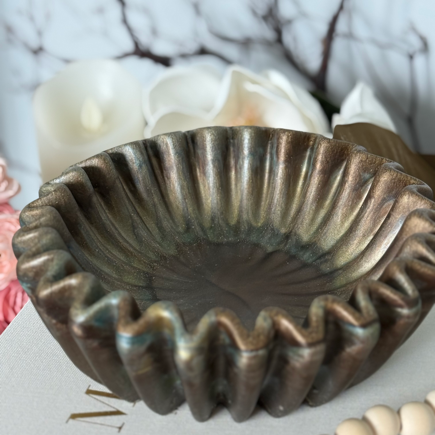 Bronzite Pleated Resin Bowl - Stone Inspired Minimalist Bowl