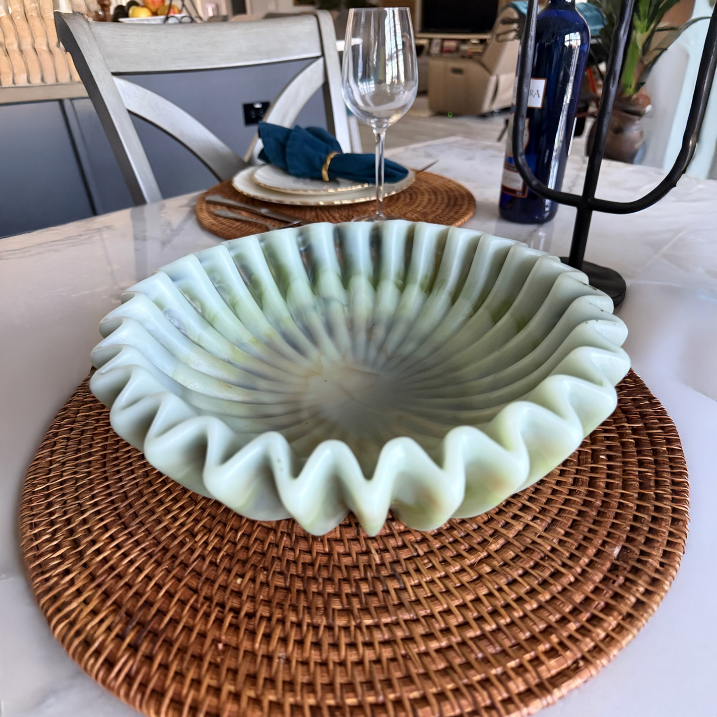 Elegant Pleated Resin Bowl in Light Amazonite Tones - Seafoam Greens- Unique Handmade Home Decor Accent and Serveware