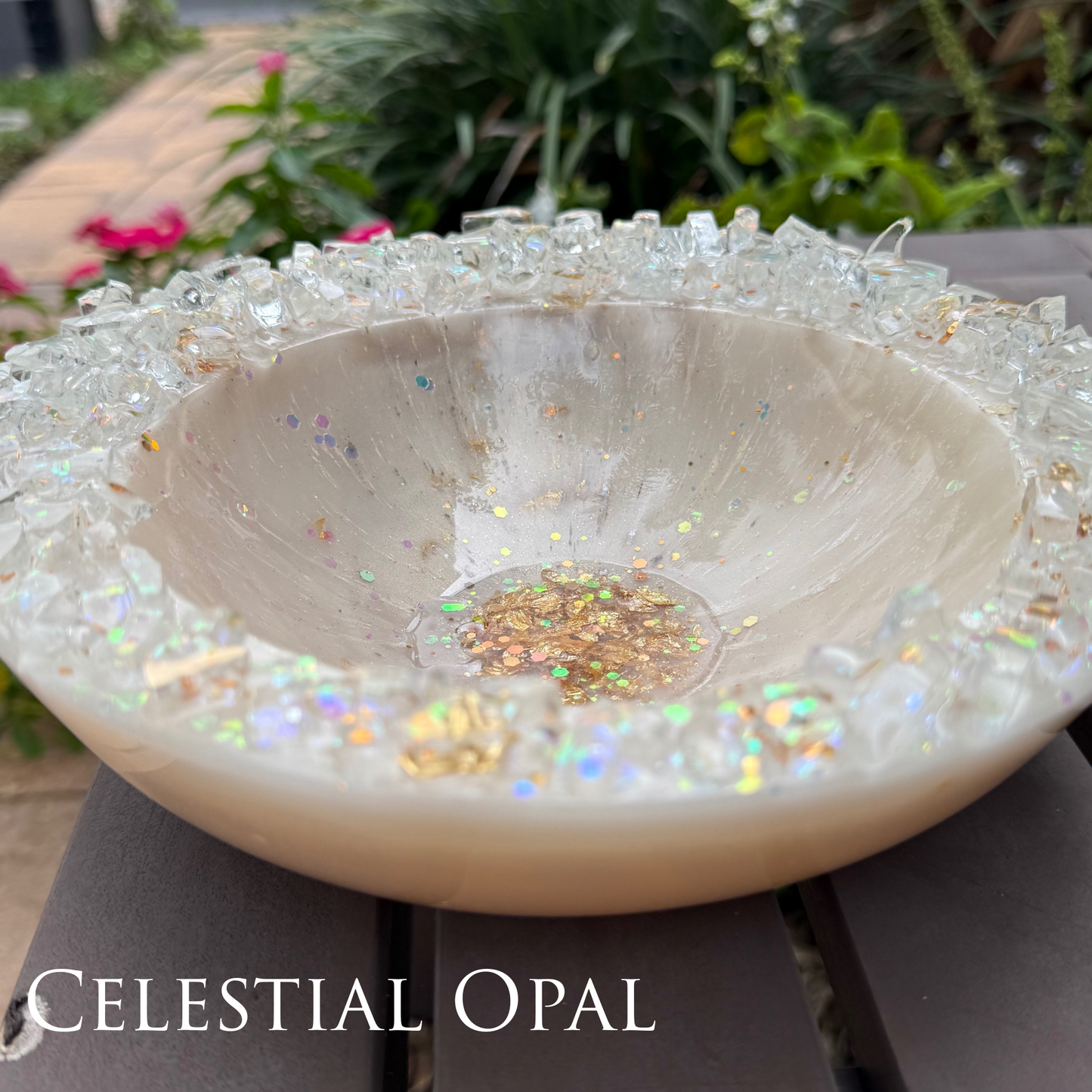 Celestial Opal Inspired Bowl | Large Ivory Bowl with Geode Glass Rim
