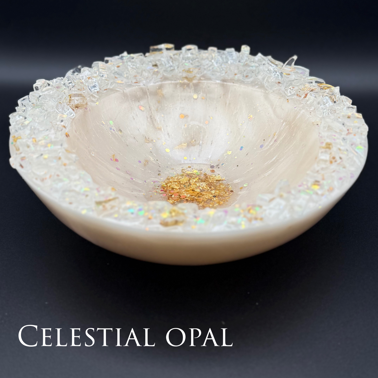 Celestial Opal Inspired Bowl | Large Ivory Bowl with Geode Glass Rim