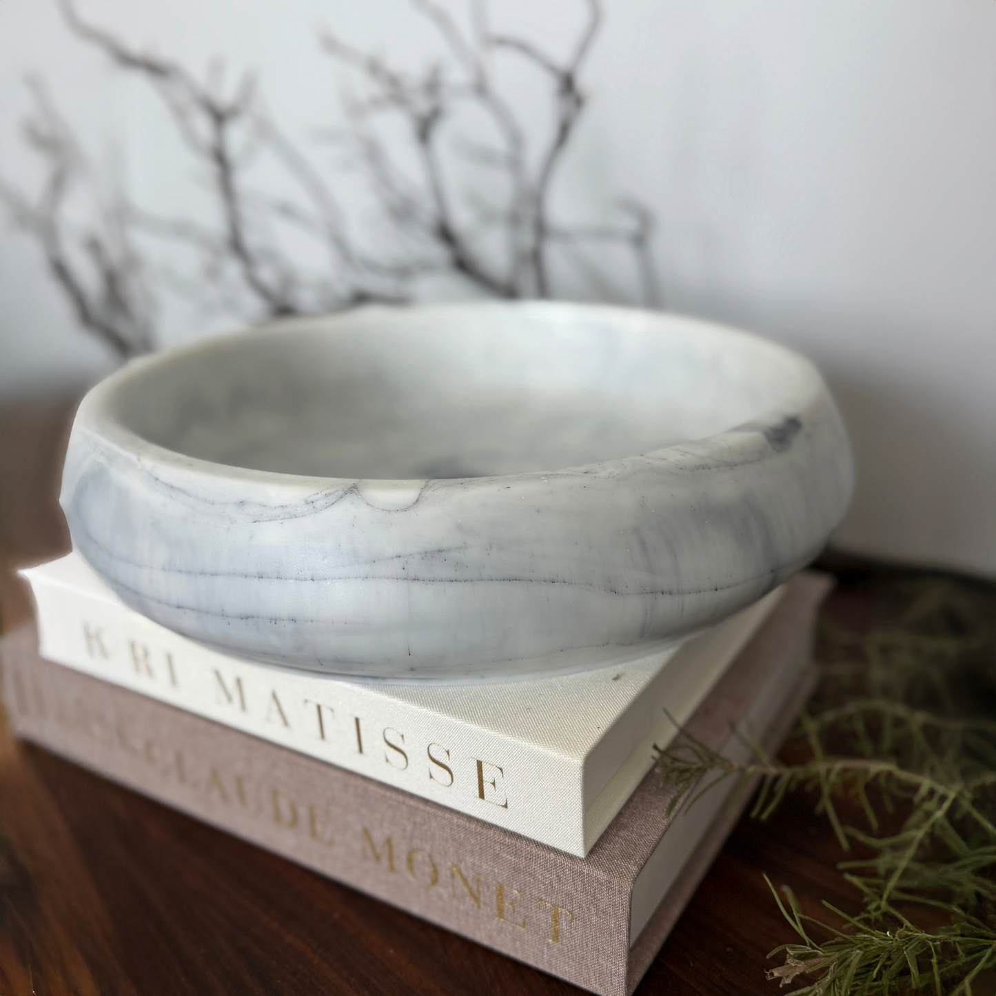 Marble Inspired Large Bowl - Handcrafted White and Gray Resin Bowl