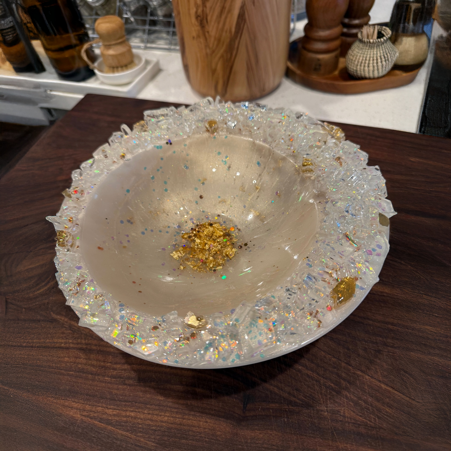 Celestial Opal Inspired Bowl | Large Ivory Bowl with Geode Glass Rim
