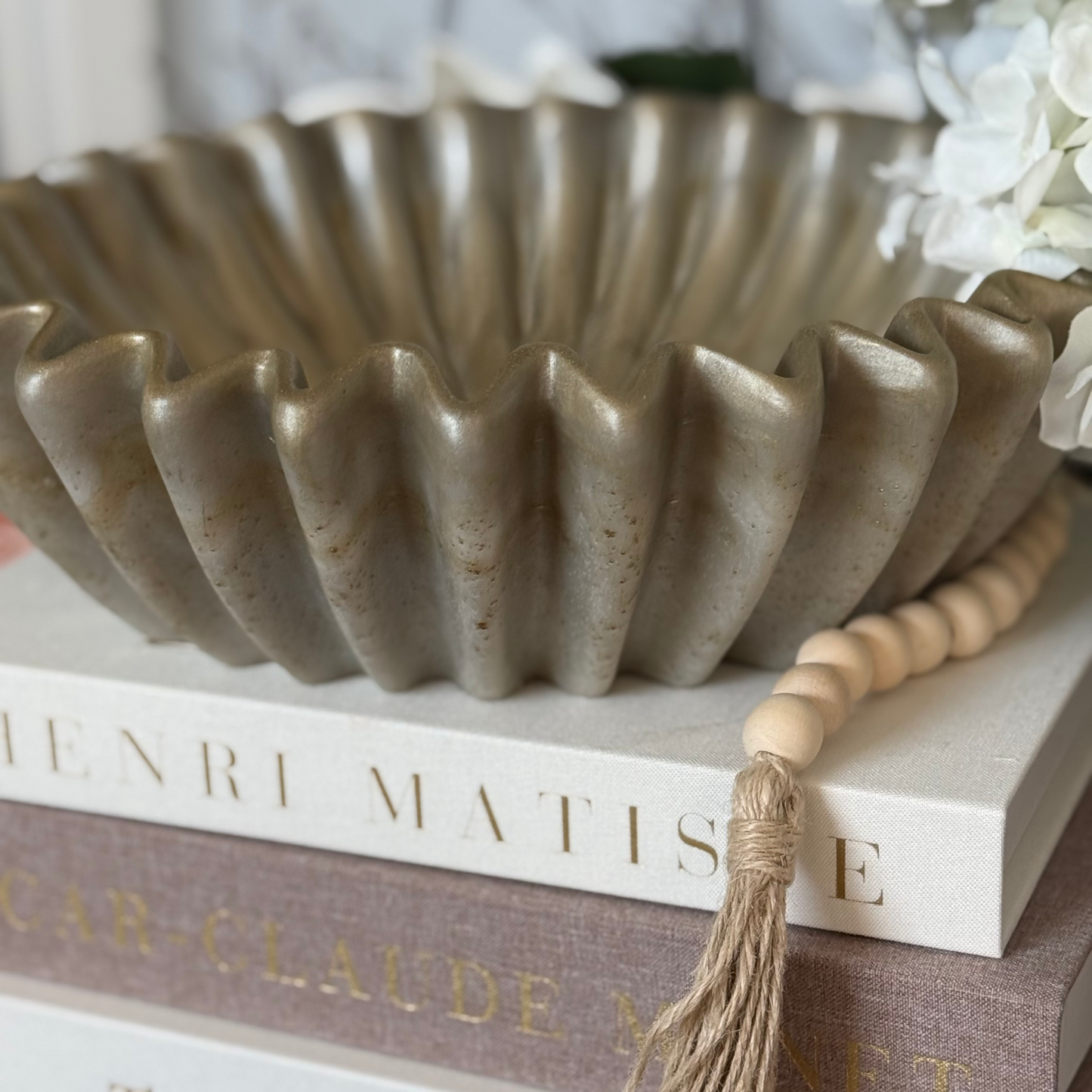 Large Travertine Pleated Resin Bowl - Stone Inspired Minimalist Bowl