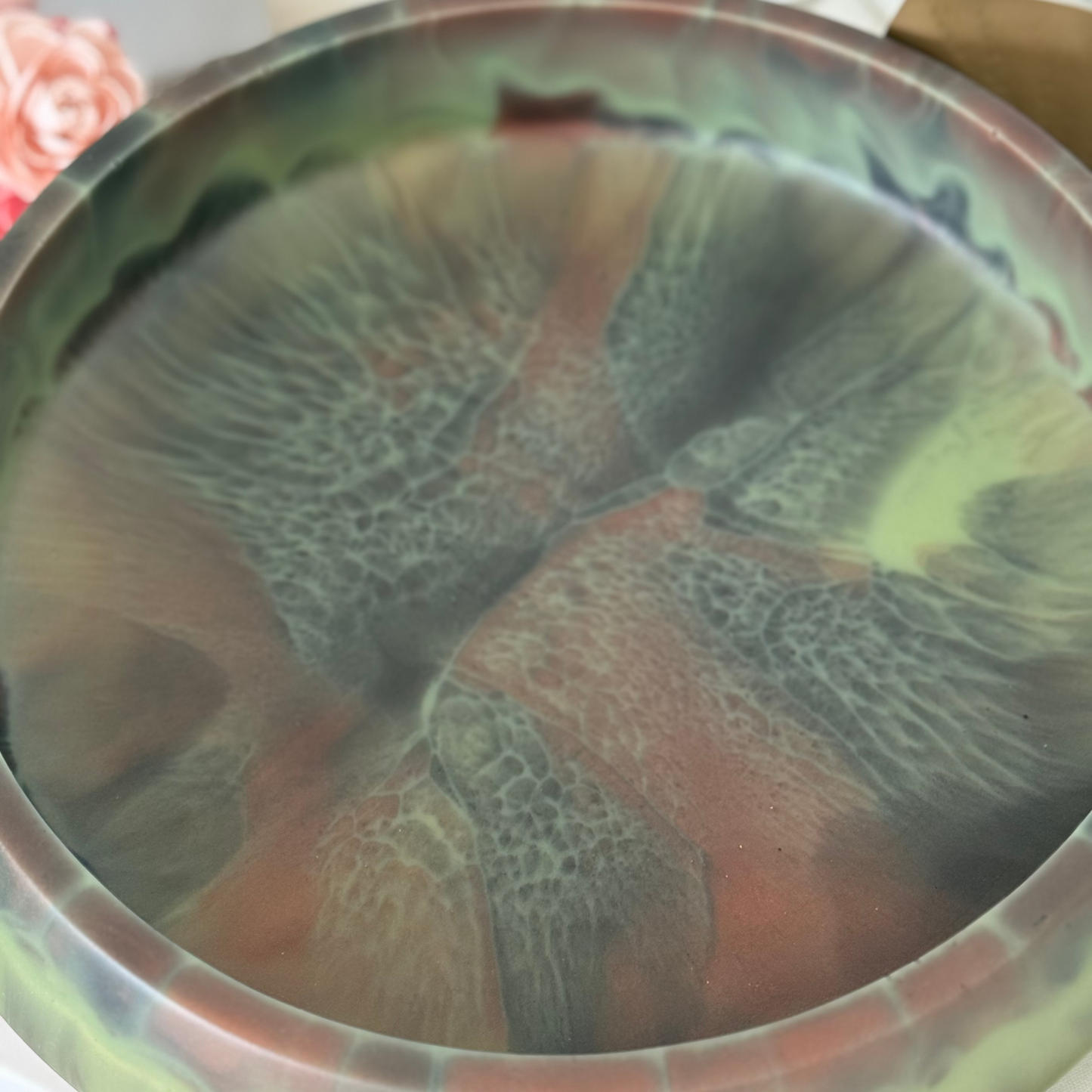 Large 12” Tortoise Serpentine Green Resin Fruit Bowl