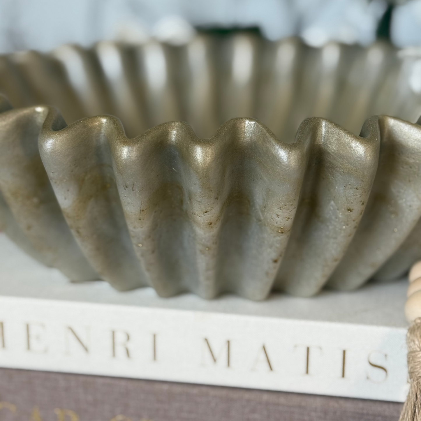 Large Travertine Pleated Resin Bowl - Stone Inspired Minimalist Bowl