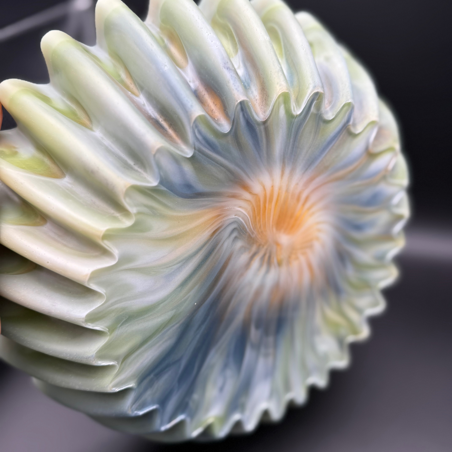 Elegant Pleated Resin Bowl in Light Amazonite Tones - Seafoam Greens- Unique Handmade Home Decor Accent and Serveware