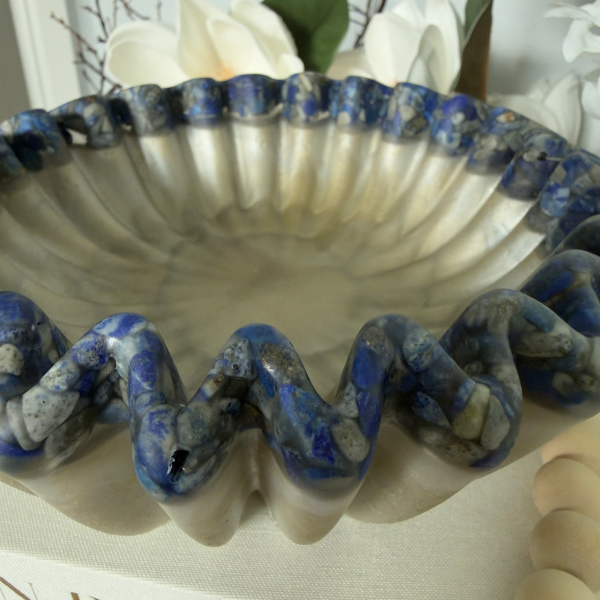 Travertine Pleated Resin Bowl with Lapis Rim | Stone Inspired Minimalist Bowl