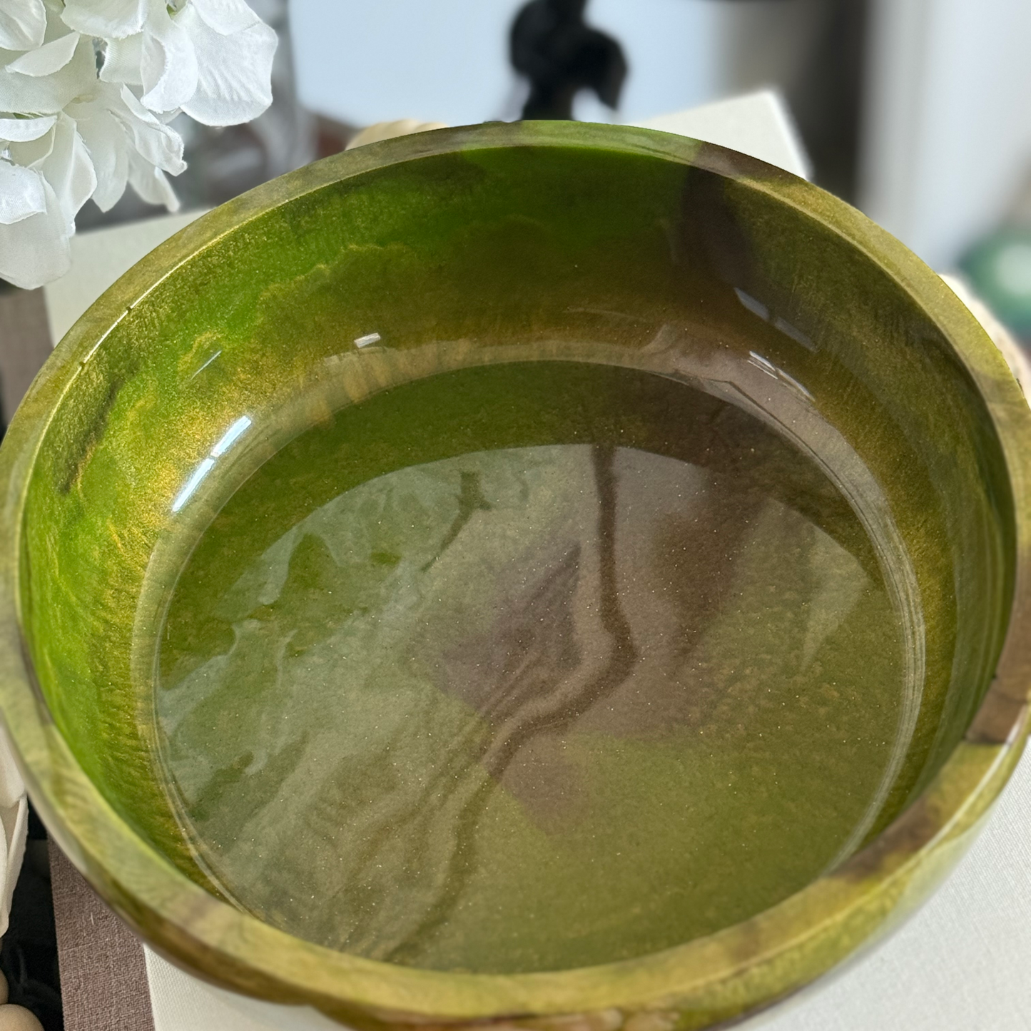 Agate Inspired Resin Bowl with Green, Gold, and Espresso Highlights