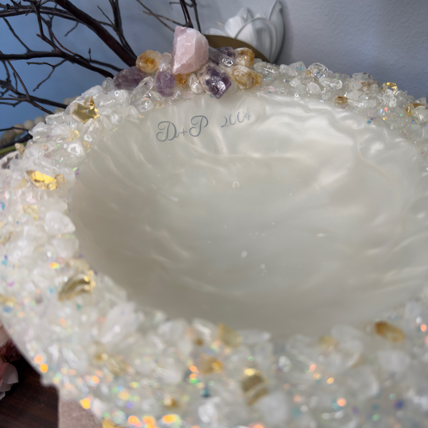 Personalized Wedding Bowl with Crystals – Custom Initials & Date