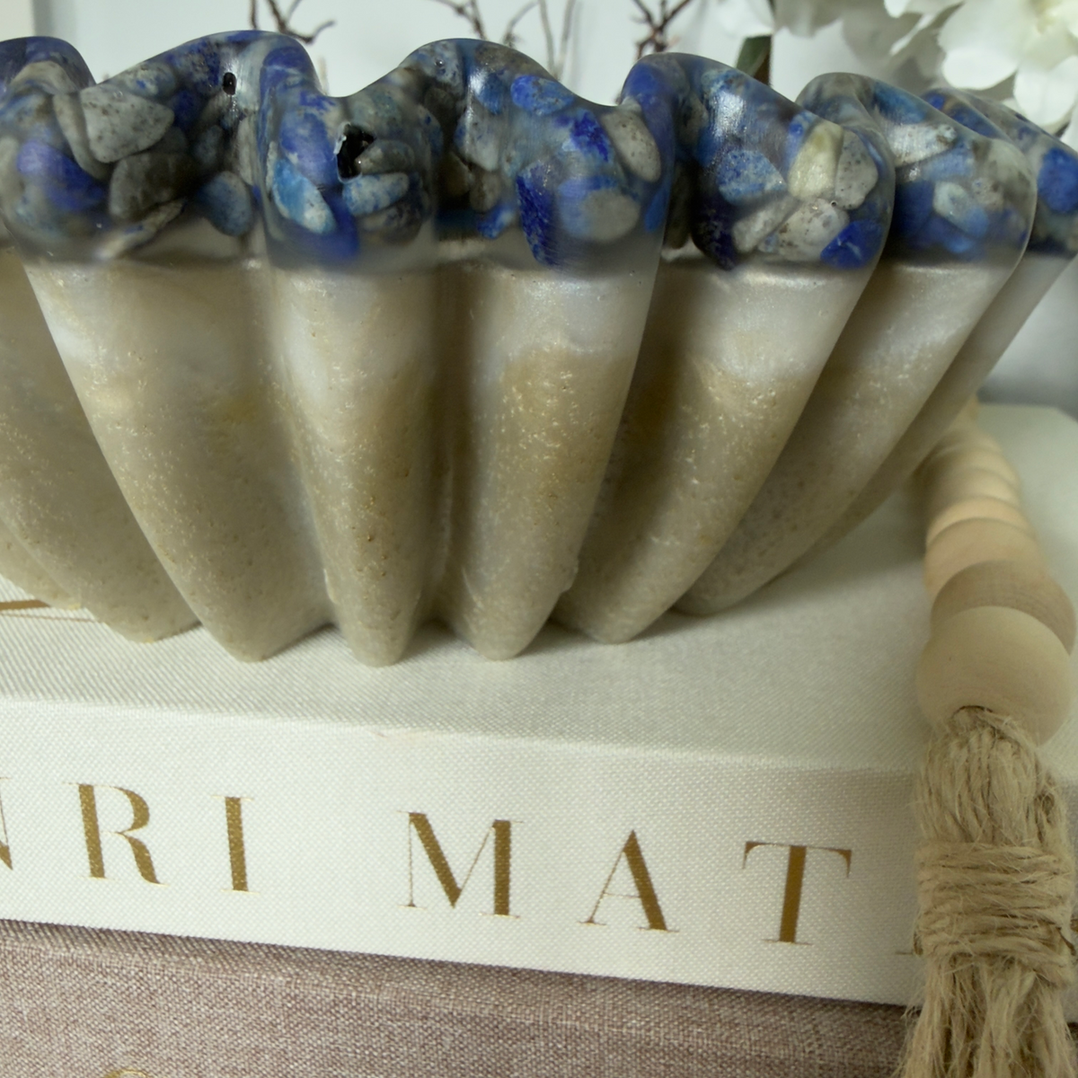 Travertine Pleated Resin Bowl with Lapis Rim | Stone Inspired Minimalist Bowl