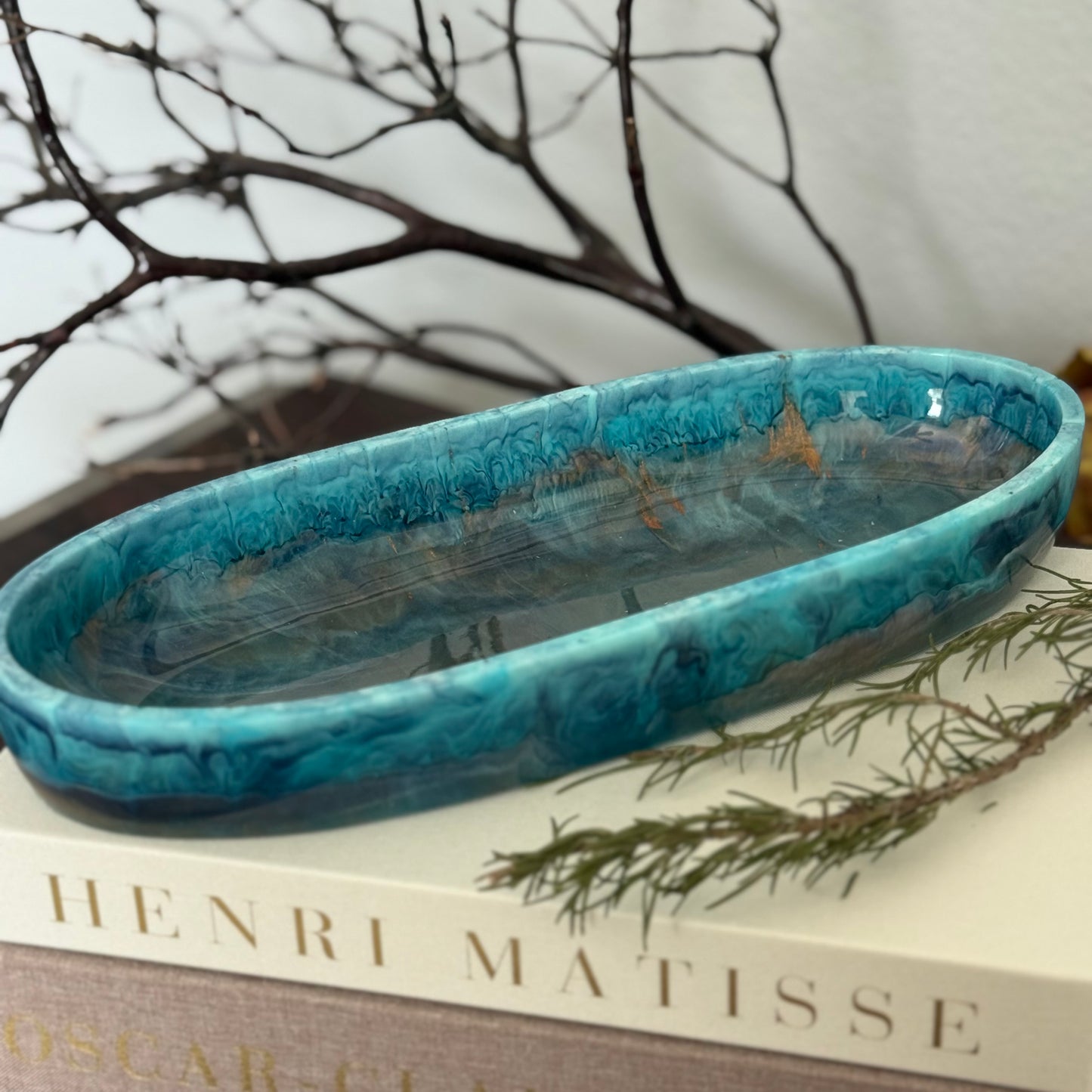 Turquoise Inspired Oval Bowl - Handcrafted Blue Resin Oval Bowl