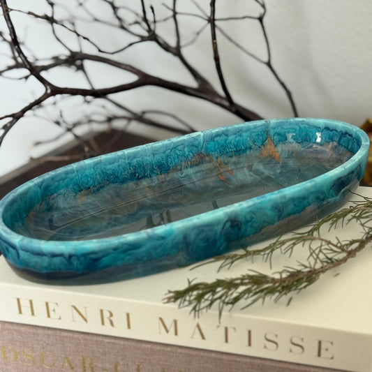 Turquoise Inspired Oval Bowl - Handcrafted Blue Resin Oval Bowl