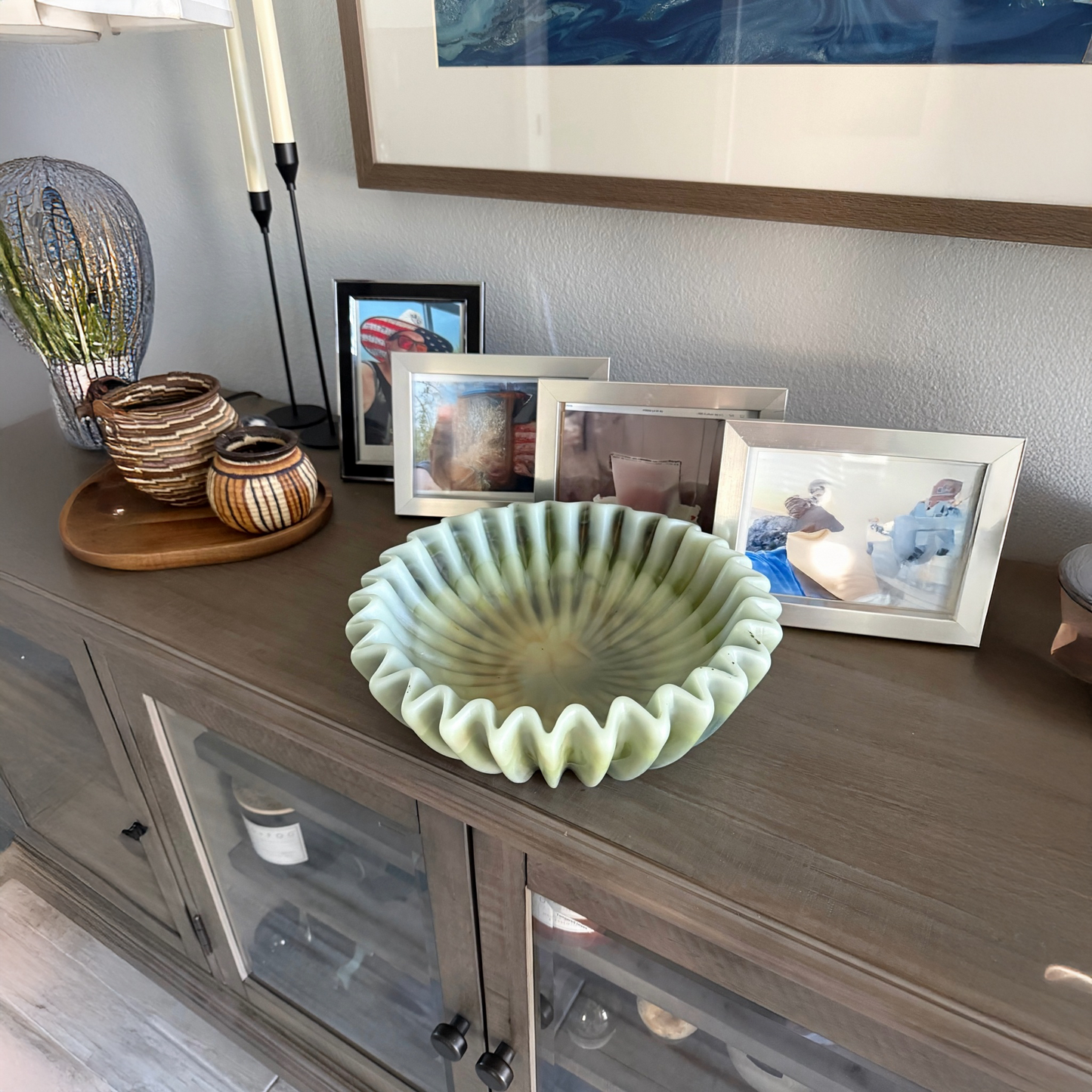 Elegant Pleated Resin Bowl in Light Amazonite Tones - Seafoam Greens- Unique Handmade Home Decor Accent and Serveware