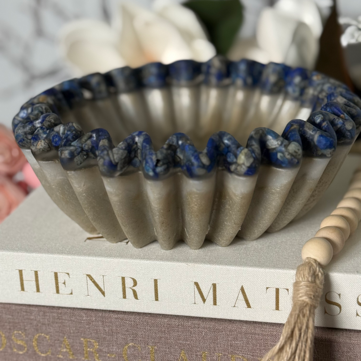 Travertine Pleated Resin Bowl with Lapis Rim | Stone Inspired Minimalist Bowl