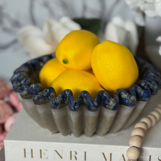 Travertine Pleated Resin Bowl with Lapis Rim | Stone Inspired Minimalist Bowl