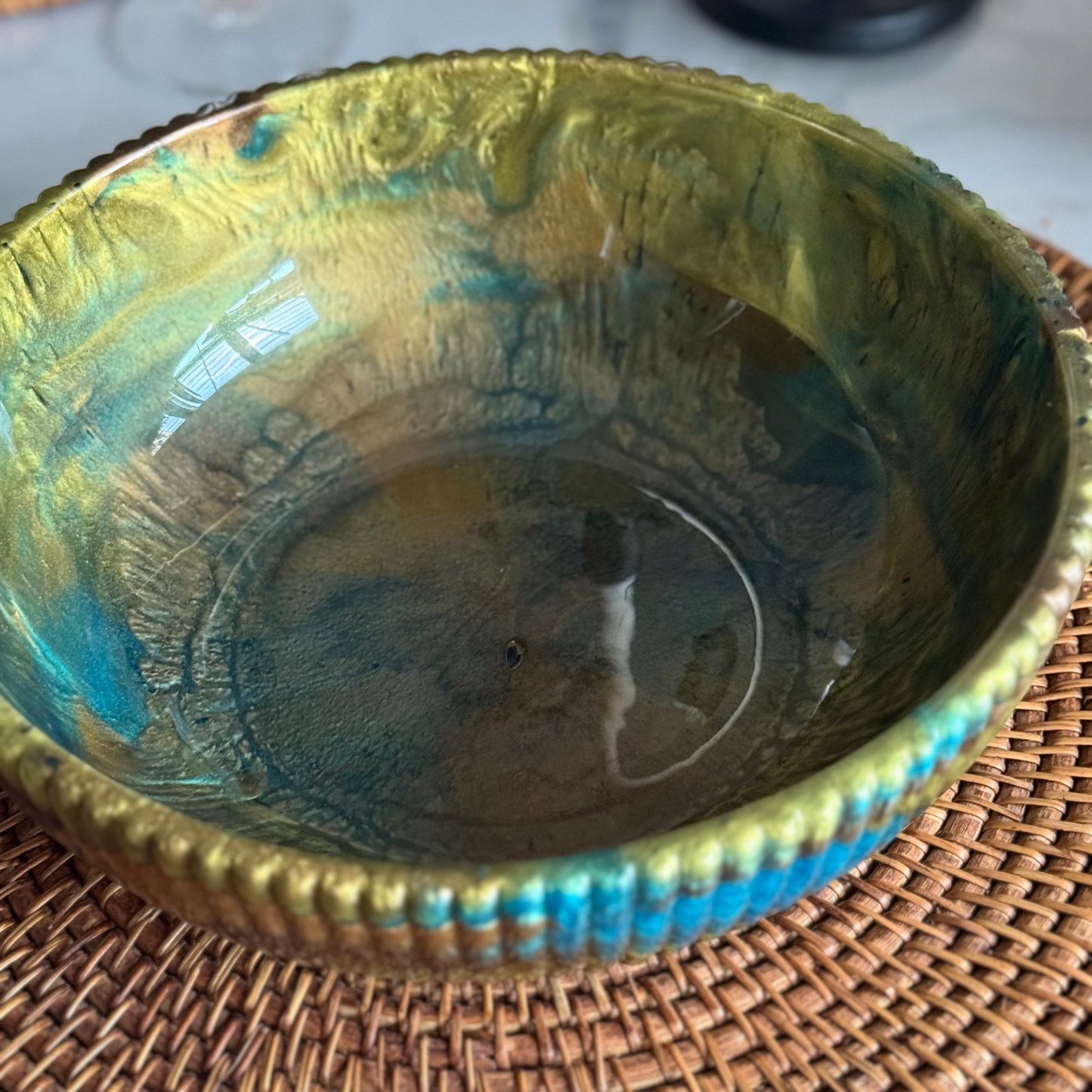 Large Teal & Green Bowl with Bronze Accents- Affordable Essentials Collection