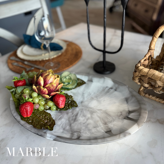 Marble Inspired Large Platter | Handcrafted White and Gray Resin Platter