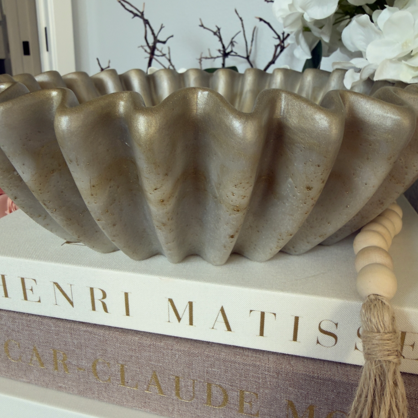 Large Travertine Pleated Resin Bowl - Stone Inspired Minimalist Bowl