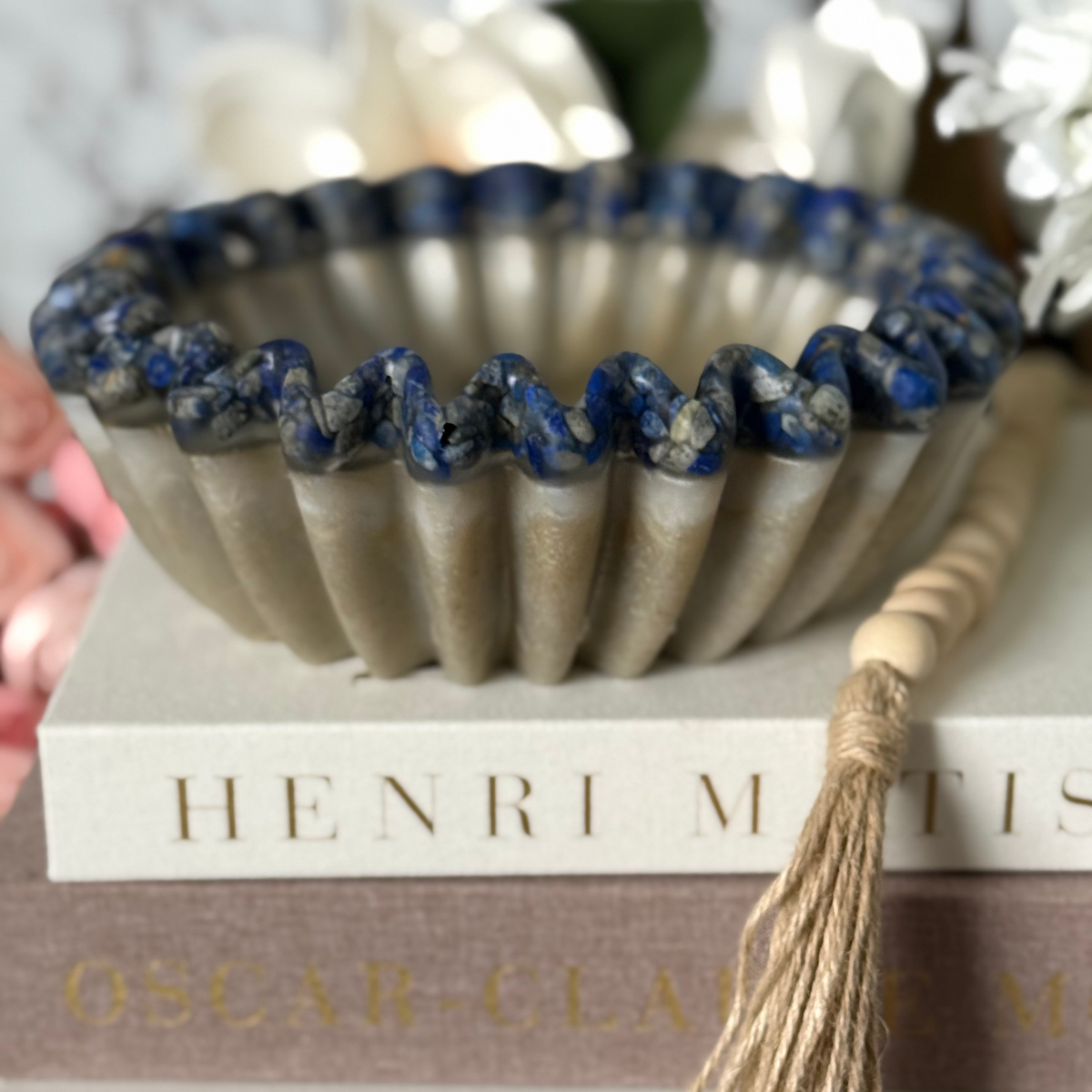 Travertine Pleated Resin Bowl with Lapis Rim | Stone Inspired Minimalist Bowl
