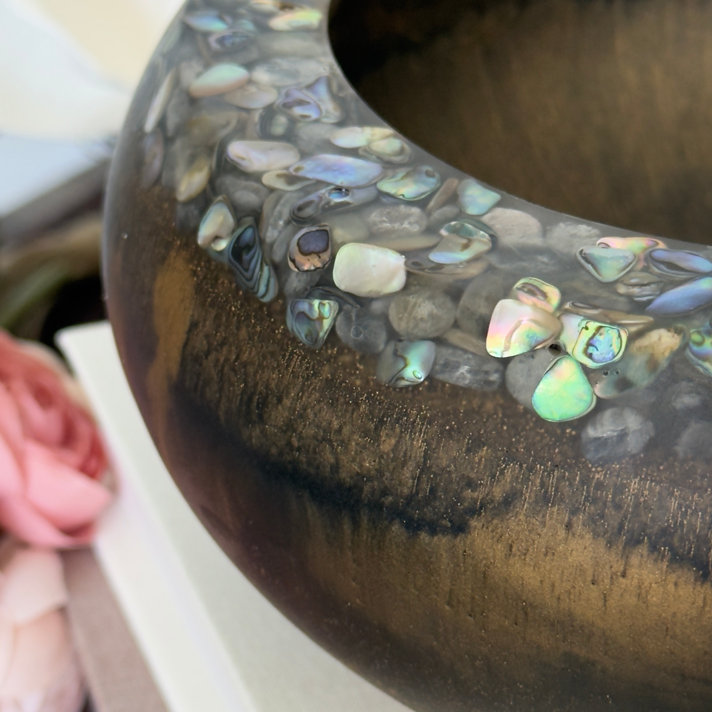 Wood Inspired Resin Bowl with Abalone Rim
