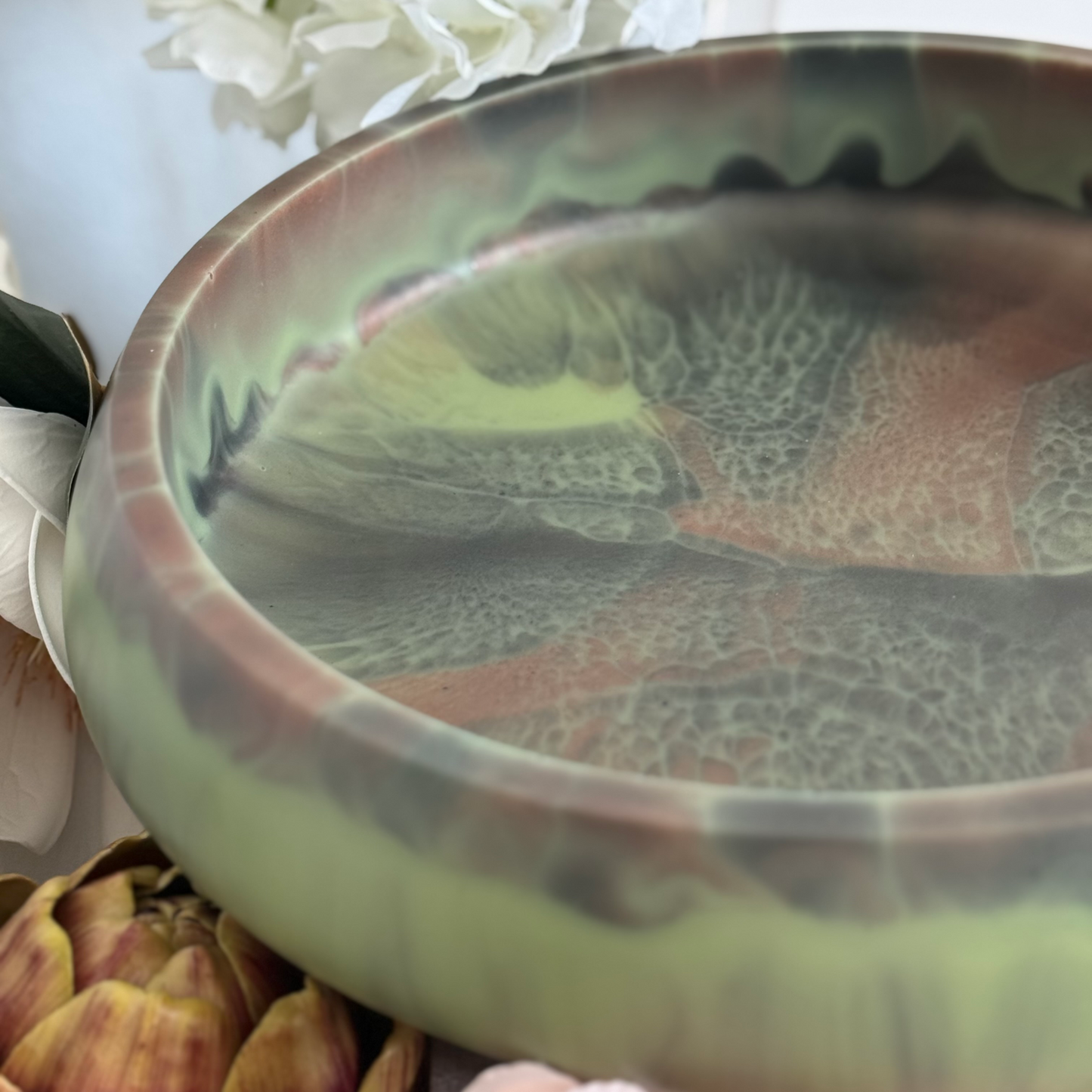 Large 12” Tortoise Serpentine Green Resin Fruit Bowl