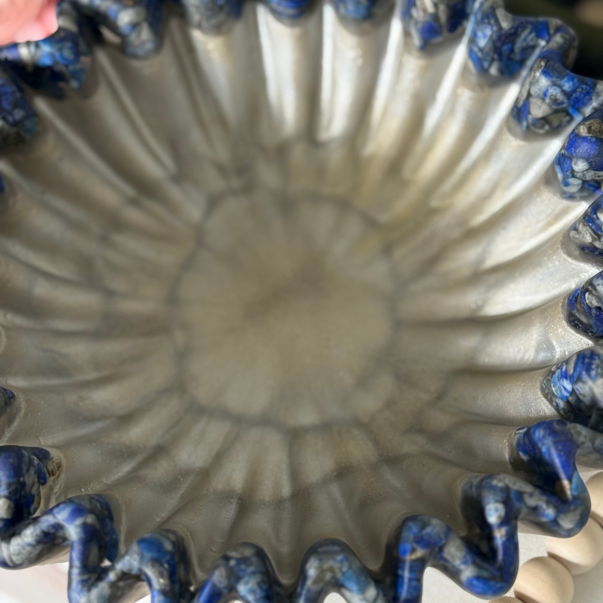 Travertine Pleated Resin Bowl with Lapis Rim | Stone Inspired Minimalist Bowl
