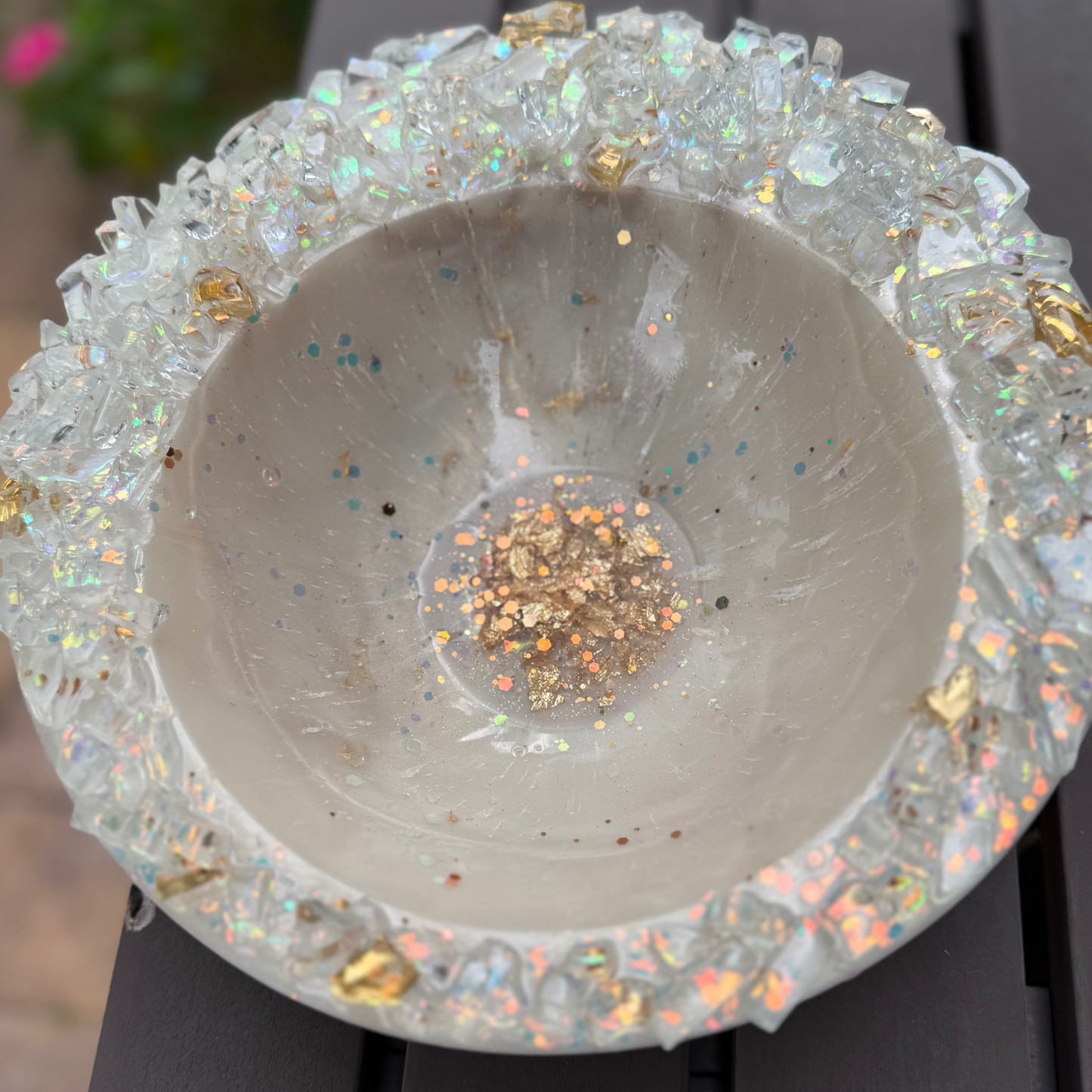 Celestial Opal Inspired Bowl | Large Ivory Bowl with Geode Glass Rim