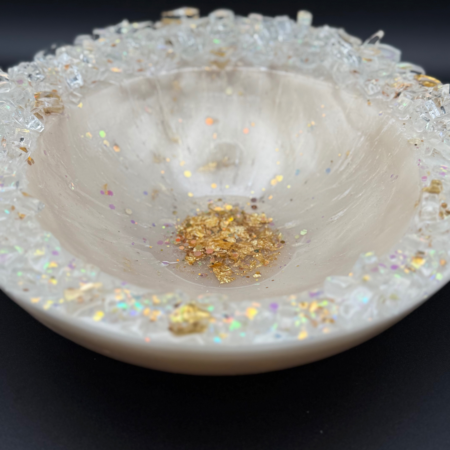 Celestial Opal Inspired Bowl | Large Ivory Bowl with Geode Glass Rim