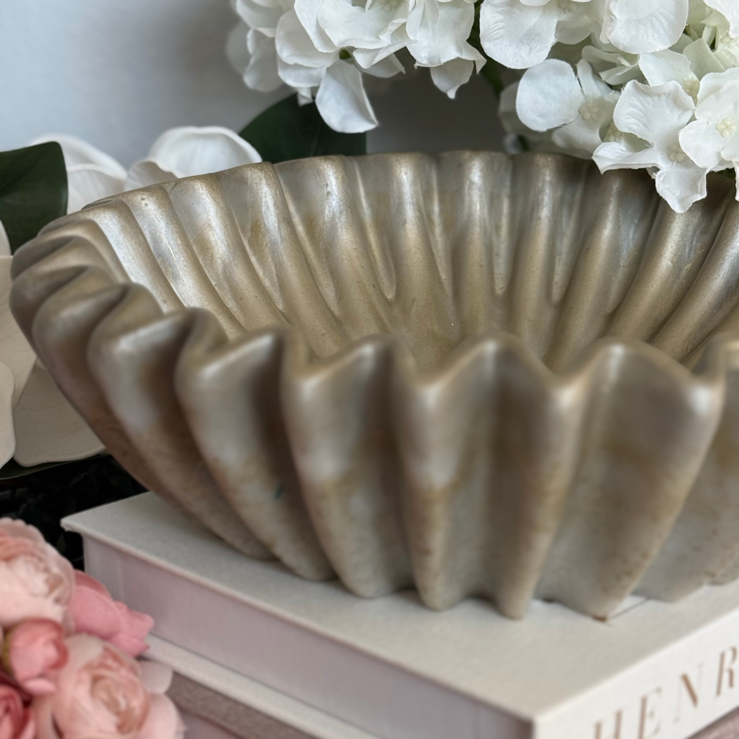 Large Travertine Pleated Resin Bowl - Stone Inspired Minimalist Bowl