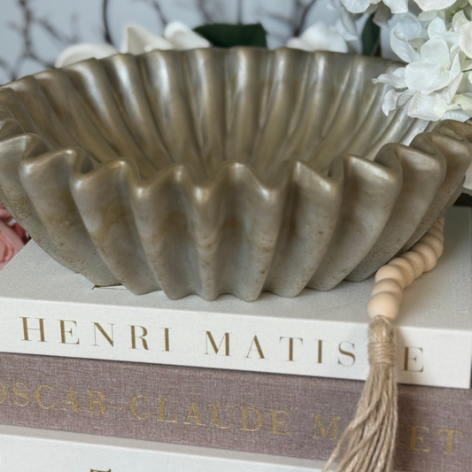 Large Travertine Pleated Resin Bowl - Stone Inspired Minimalist Bowl