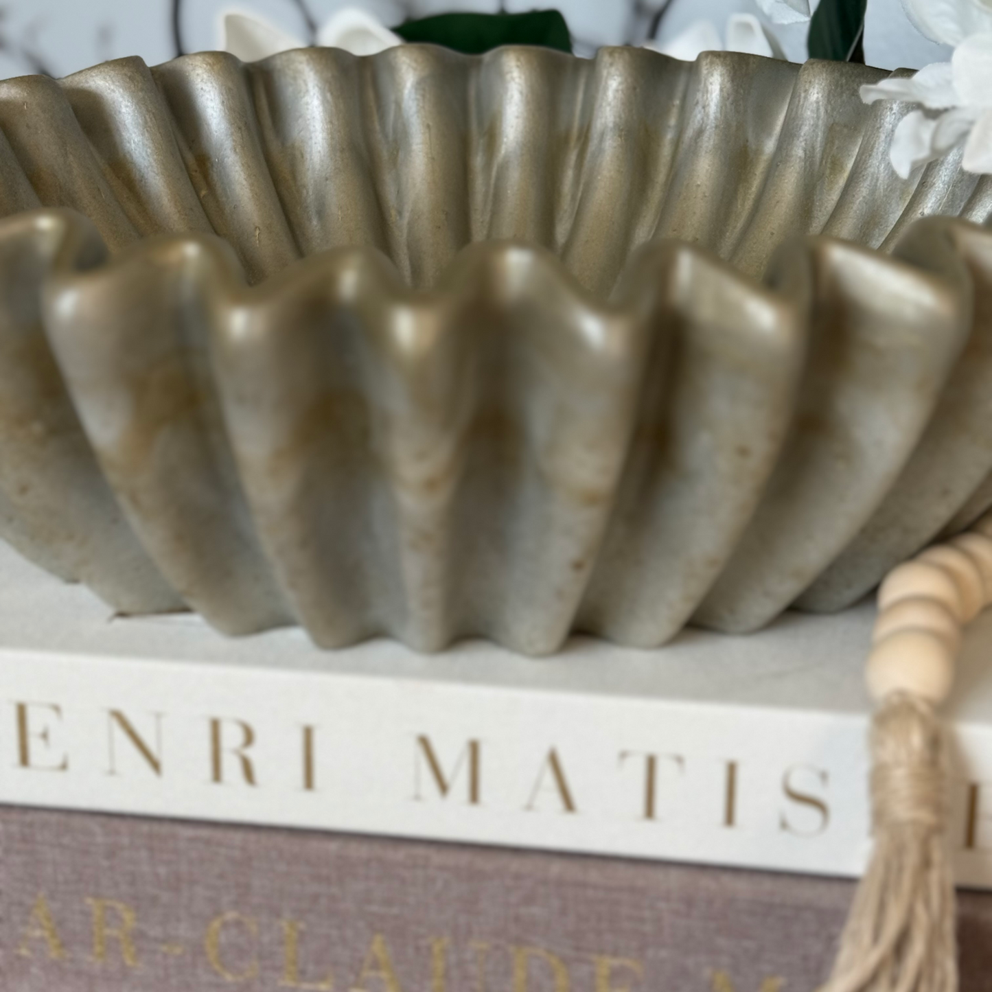 Large Travertine Pleated Resin Bowl - Stone Inspired Minimalist Bowl