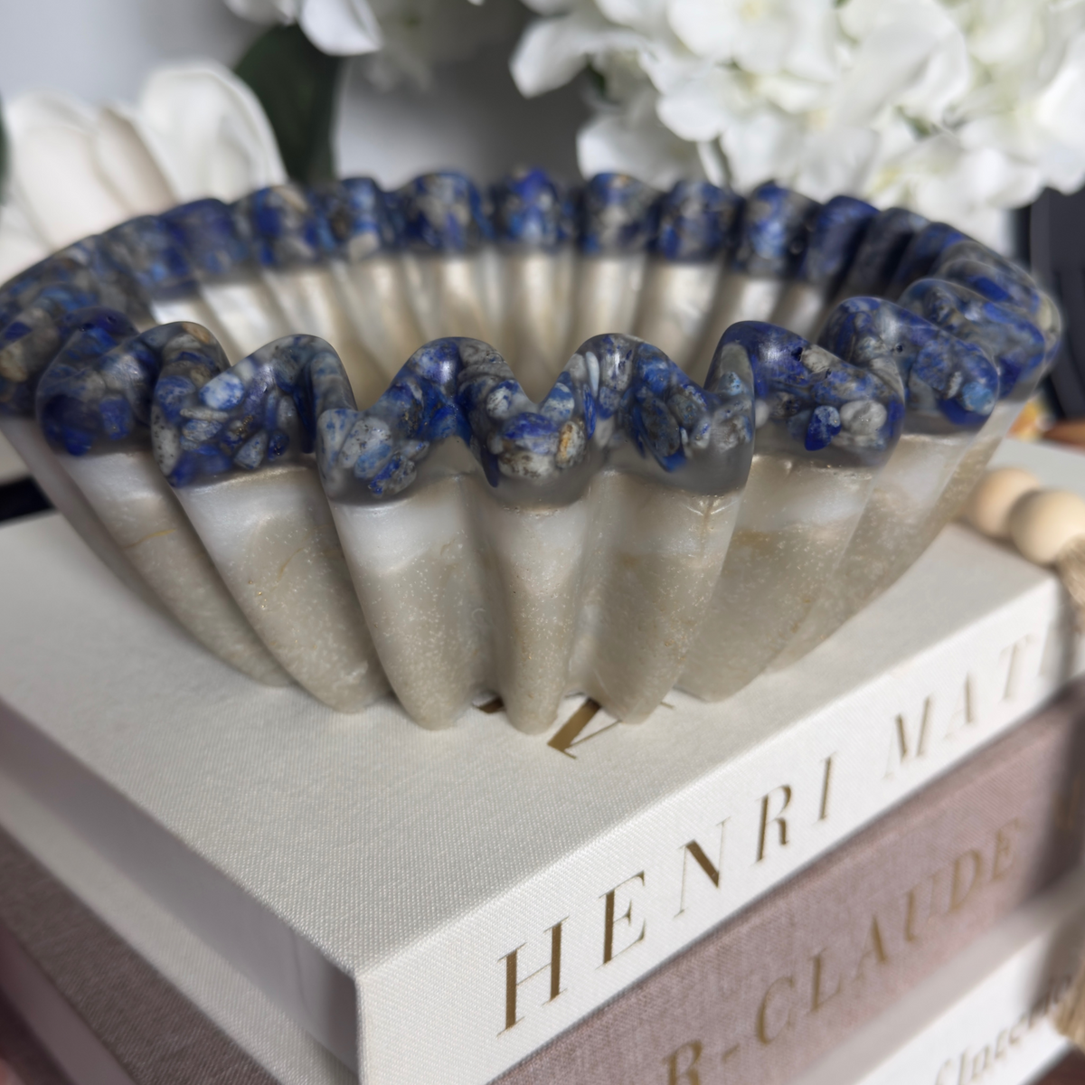 Travertine Pleated Resin Bowl with Lapis Rim | Stone Inspired Minimalist Bowl
