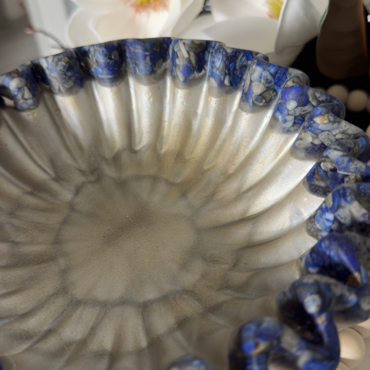 Travertine Pleated Resin Bowl with Lapis Rim | Stone Inspired Minimalist Bowl