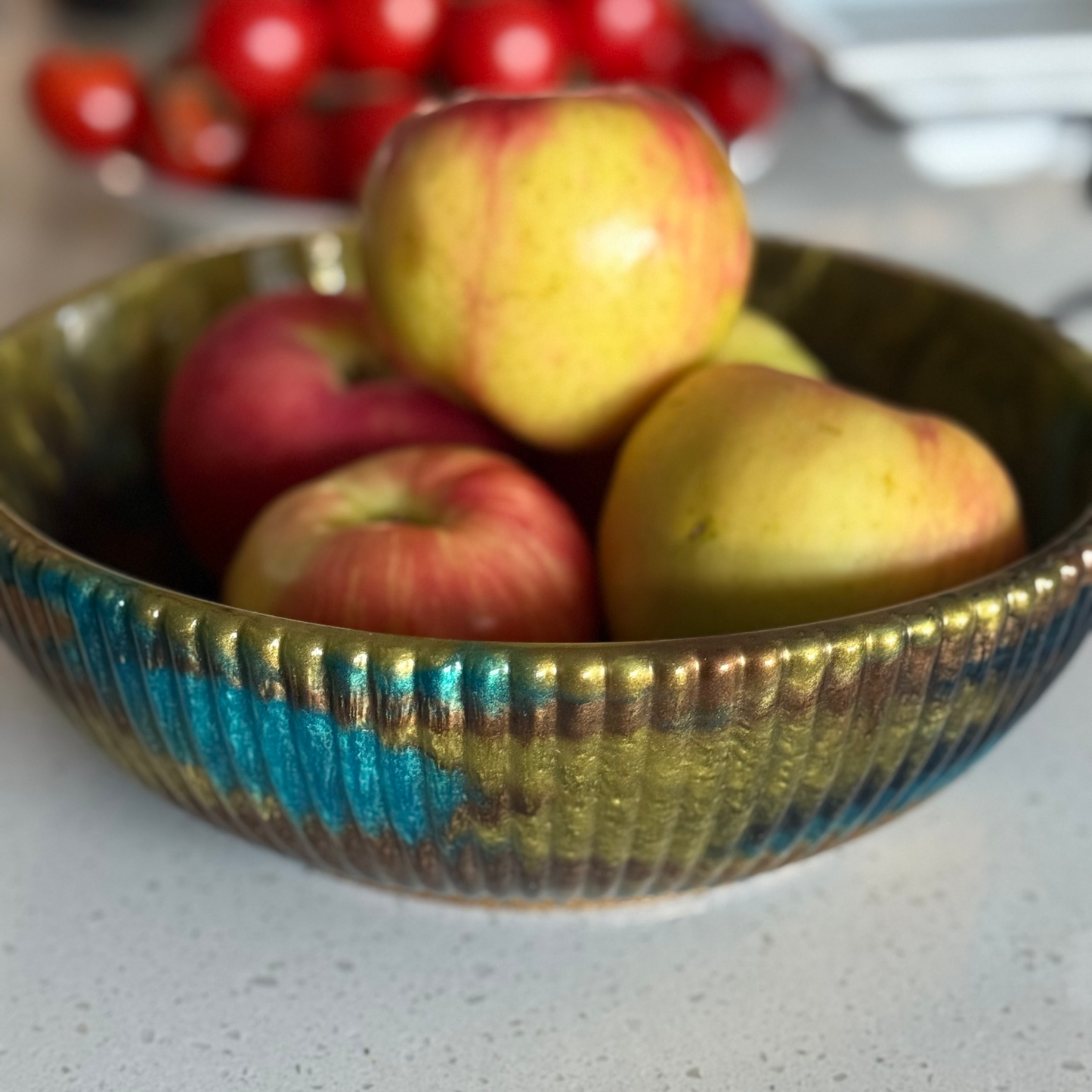 Large Teal & Green Bowl with Bronze Accents- Affordable Essentials Collection