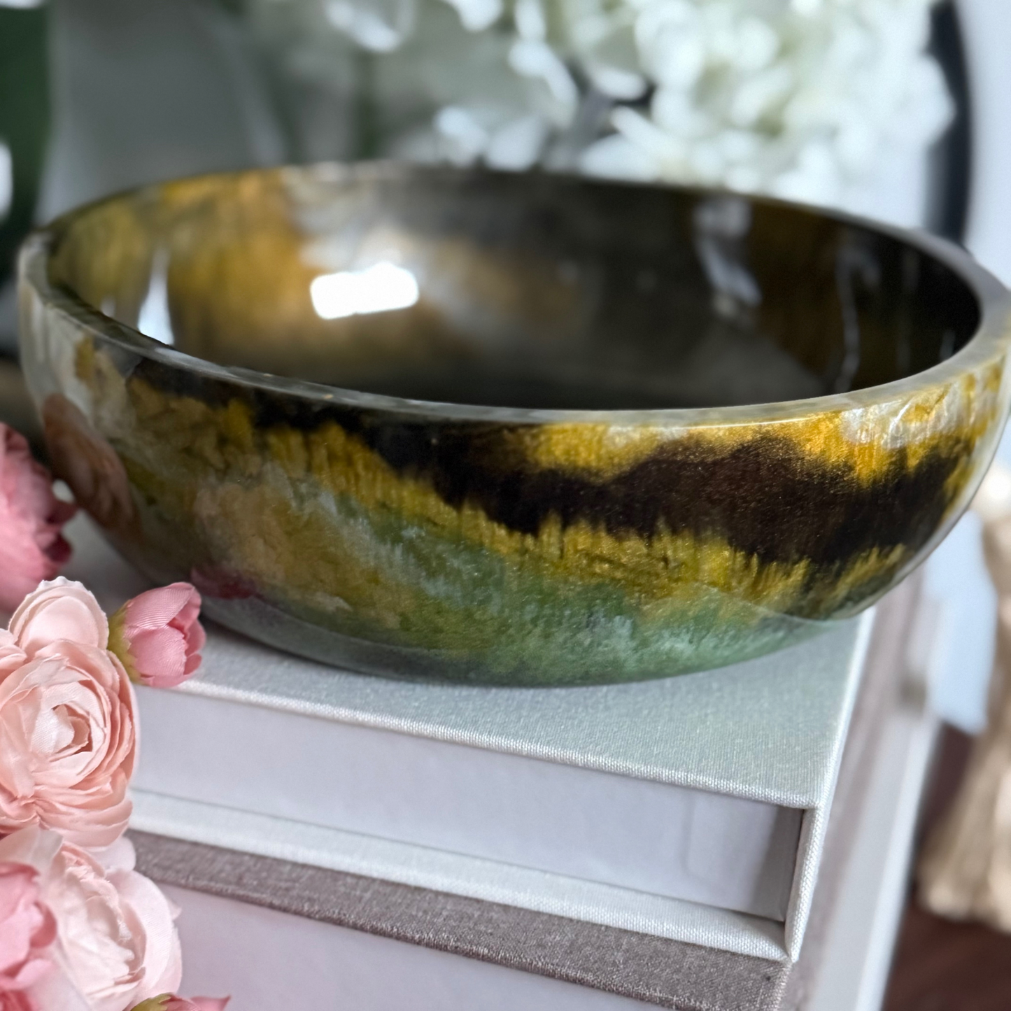Agate Inspired Resin Bowl - Green and Yellow Decorative Bowl