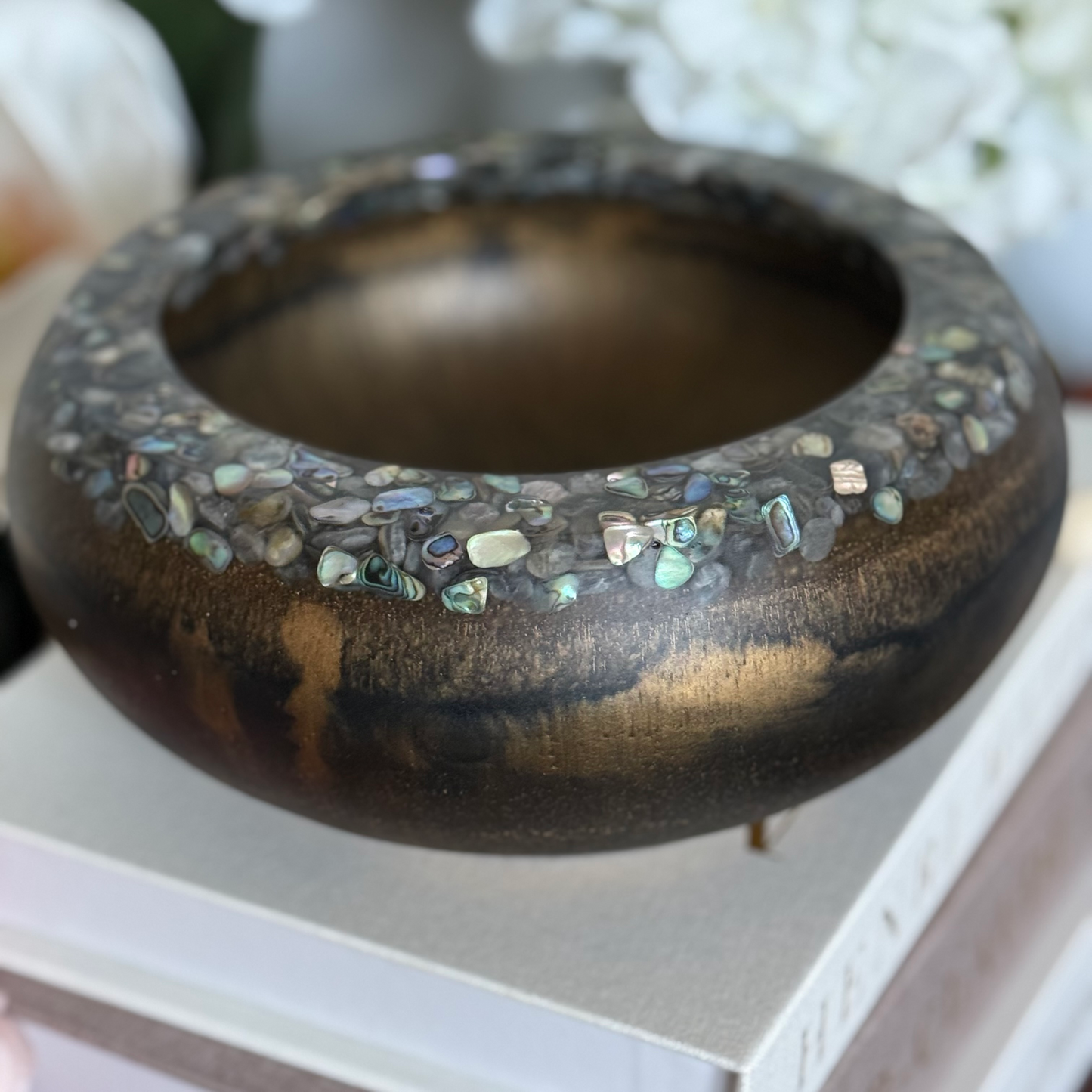Wood Inspired Resin Bowl with Abalone Rim