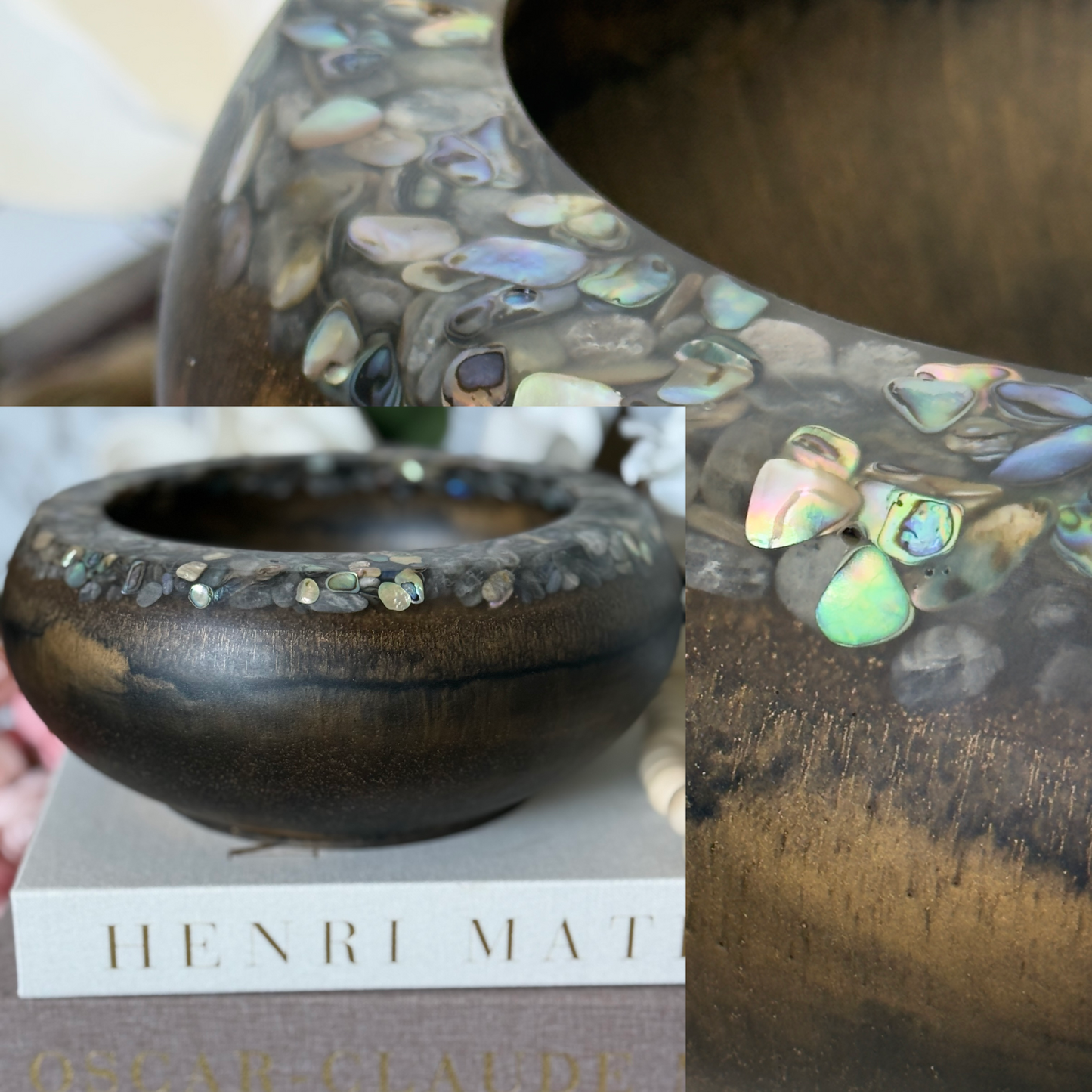 Wood Inspired Resin Bowl with Abalone Rim