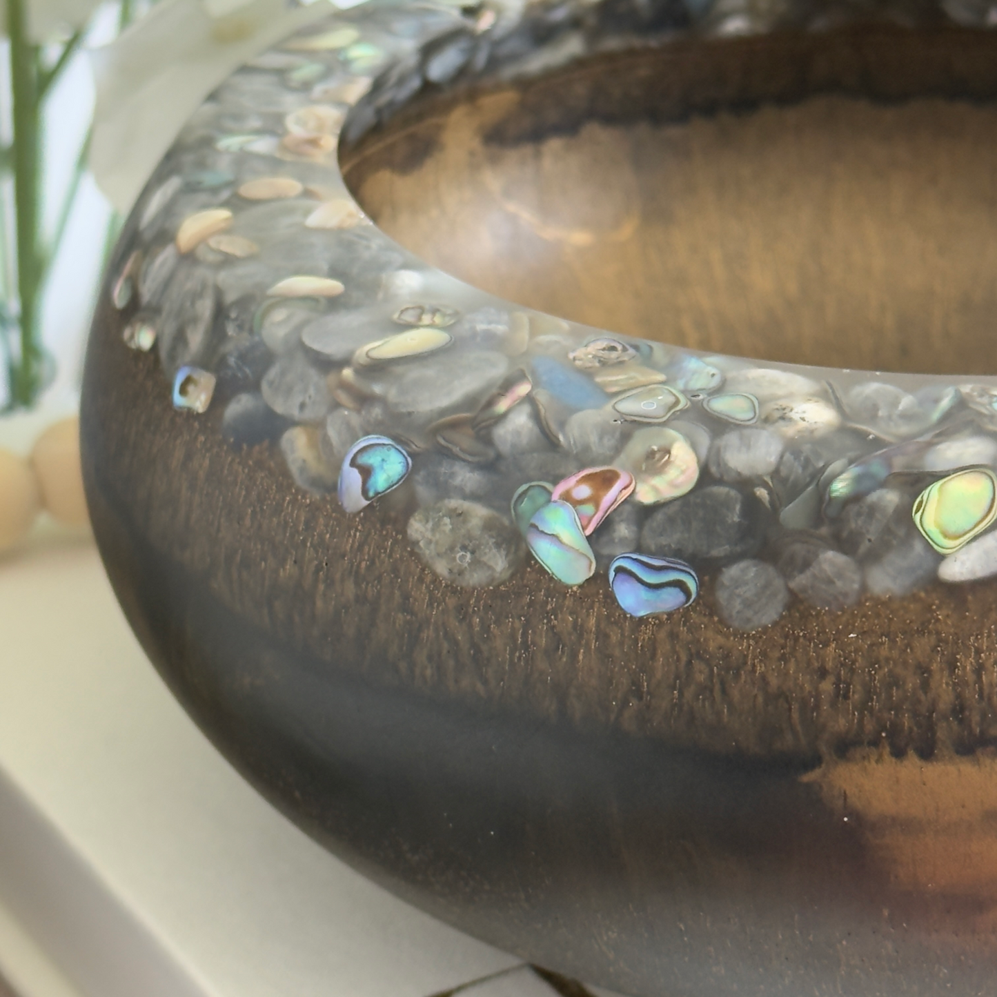 Wood Inspired Resin Bowl with Abalone Rim