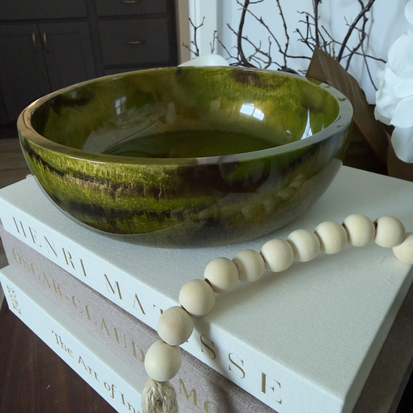 Agate Inspired Resin Bowl with Green, Gold, and Espresso Highlights