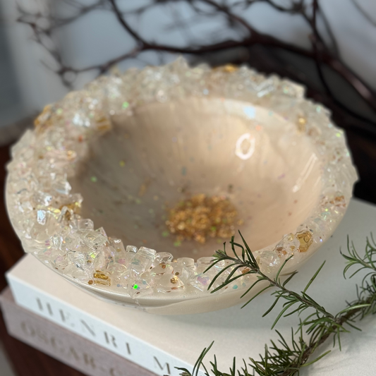 Celestial Opal Inspired Bowl | Large Ivory Bowl with Geode Glass Rim