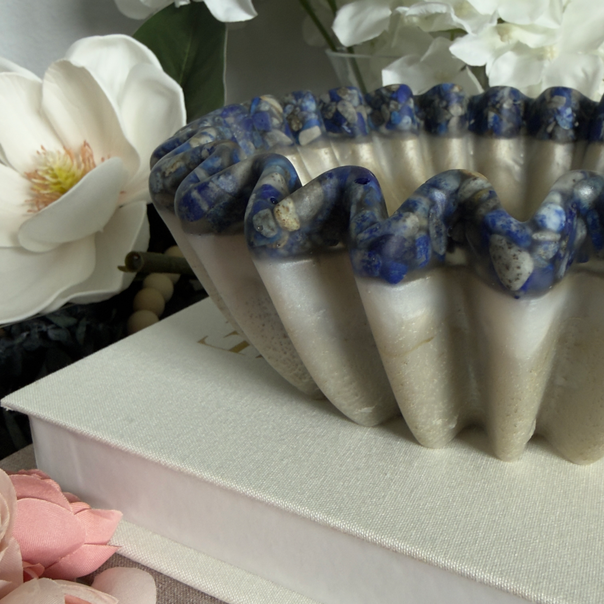 Travertine Pleated Resin Bowl with Lapis Rim | Stone Inspired Minimalist Bowl