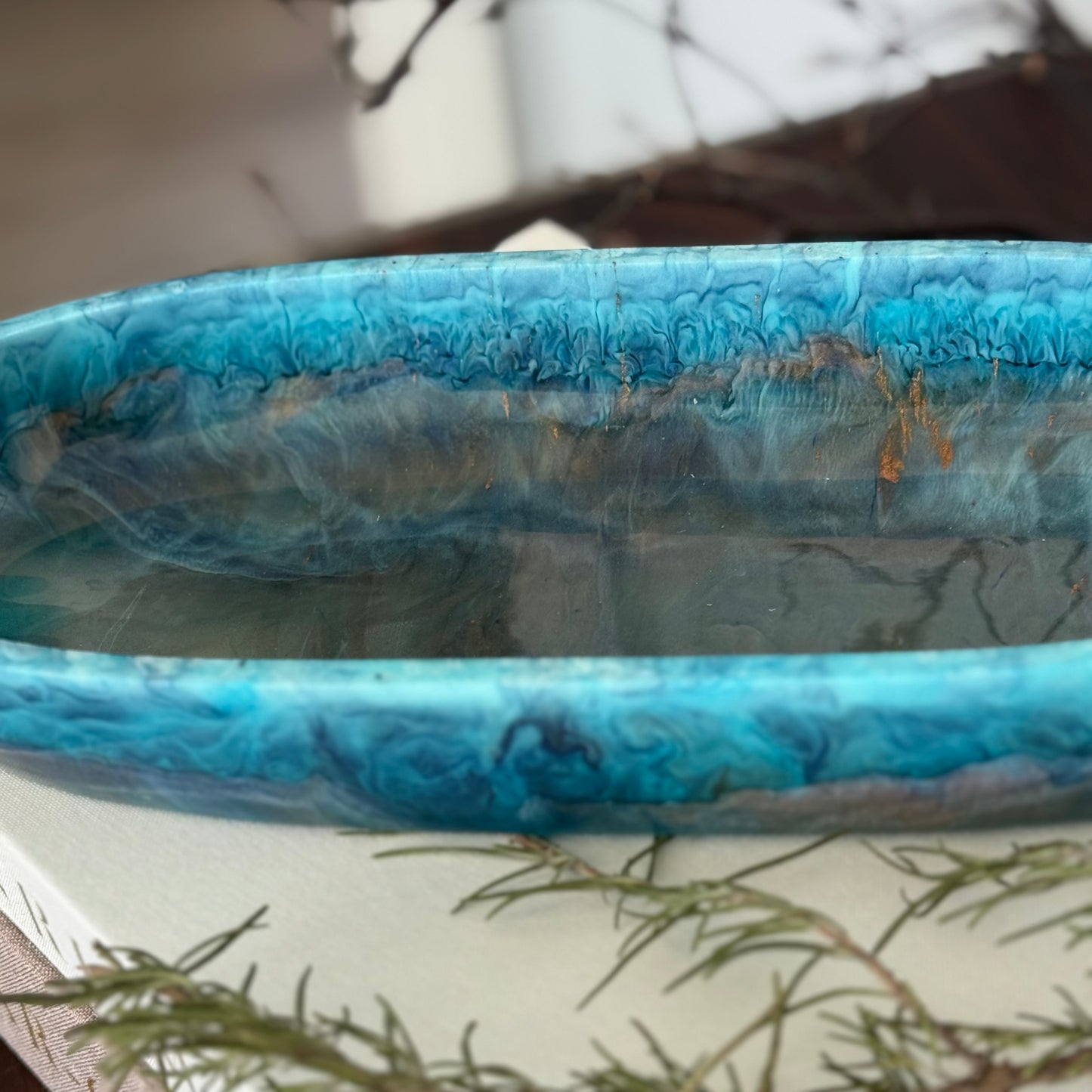 Turquoise Inspired Oval Bowl - Handcrafted Blue Resin Oval Bowl