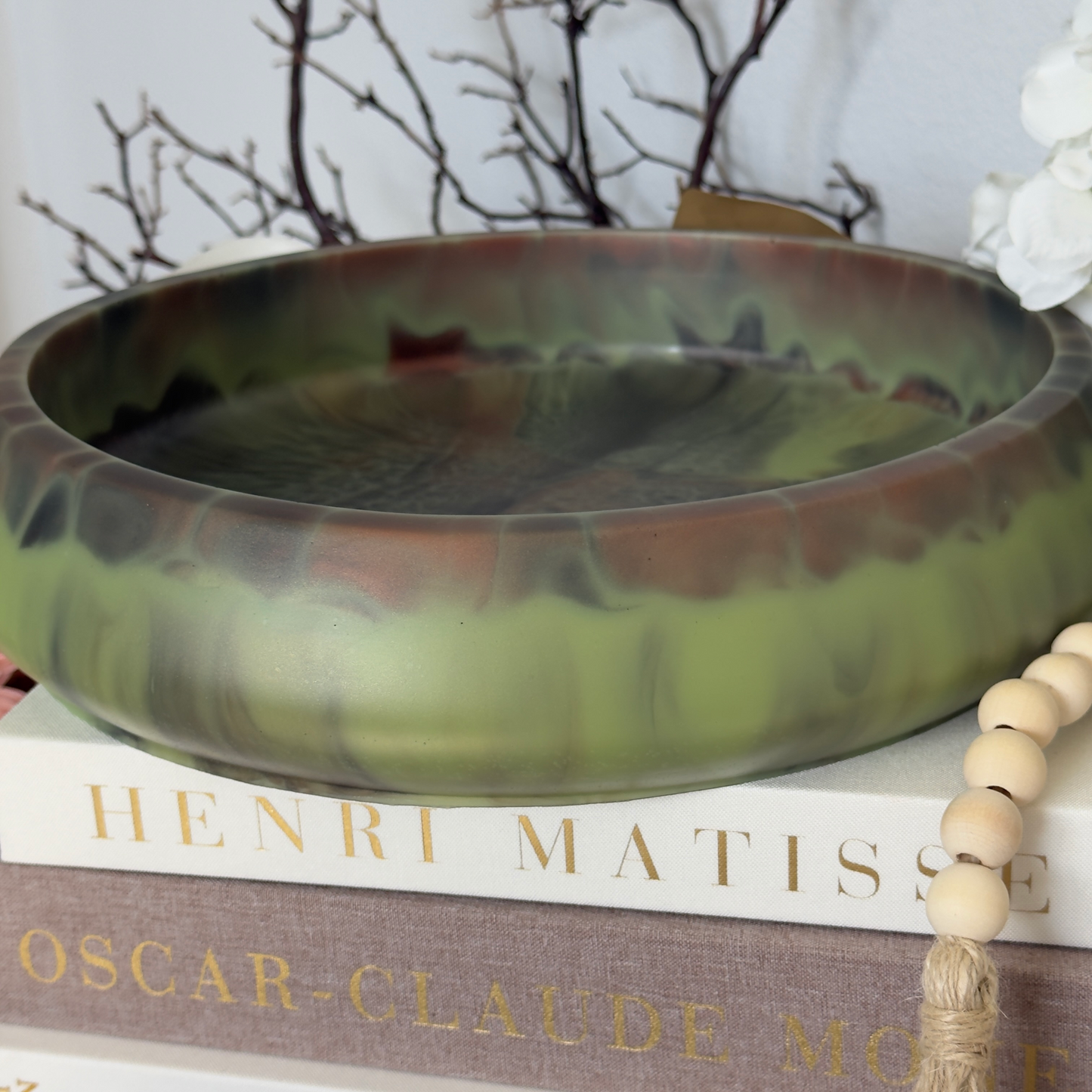Large 12” Tortoise Serpentine Green Resin Fruit Bowl