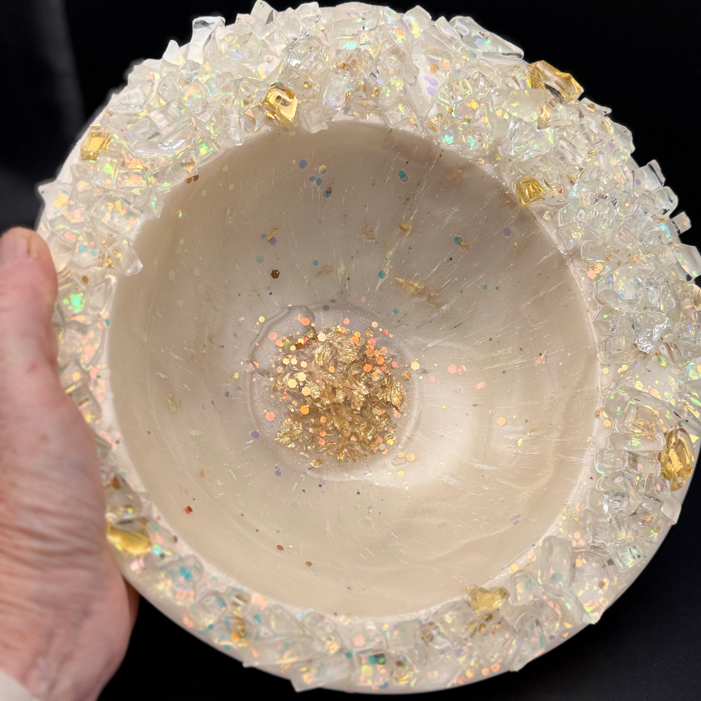 Celestial Opal Inspired Bowl | Large Ivory Bowl with Geode Glass Rim